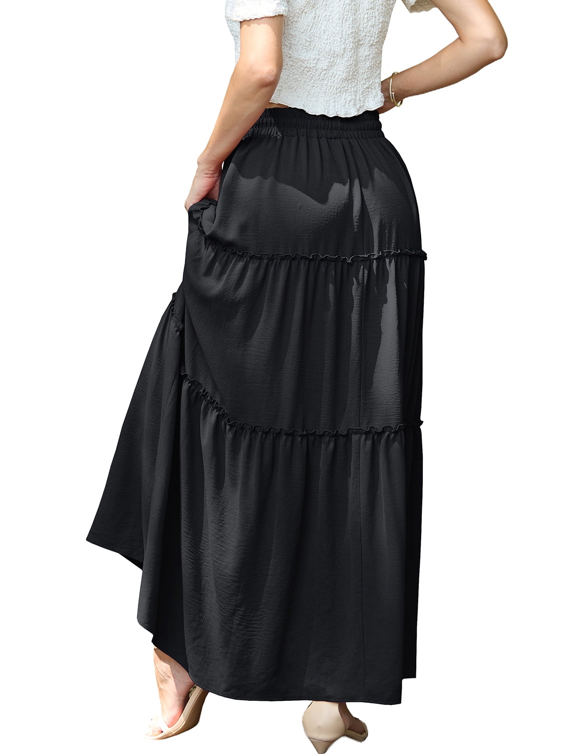 Womens Flowy Long Maxi Skirt Pleated Elastic High Waist Drawstring Tiered Skirts with Pockets