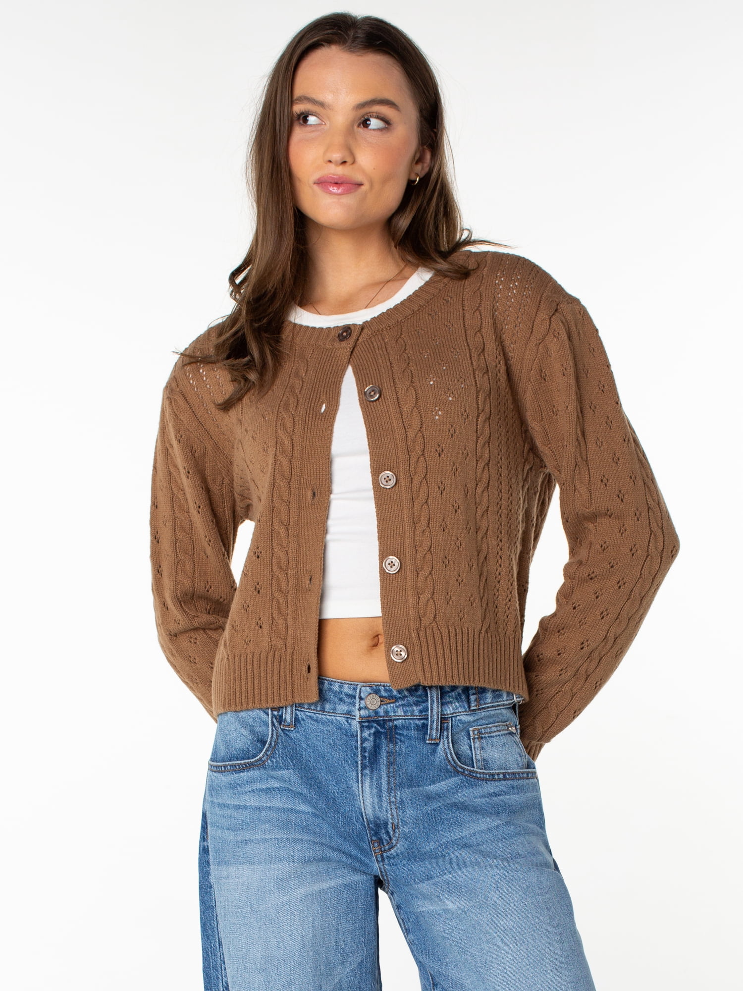 Celebrity Pink Women's Pointelle Crew Neck Cardigan Sweater, Sizes XS-4X