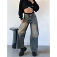 thumbnail image 5 of Women'S Wide Leg Jeans Distress Mid Waist Denim Pants Vintage Y2K Trousers Retro Blue M, 5 of 7