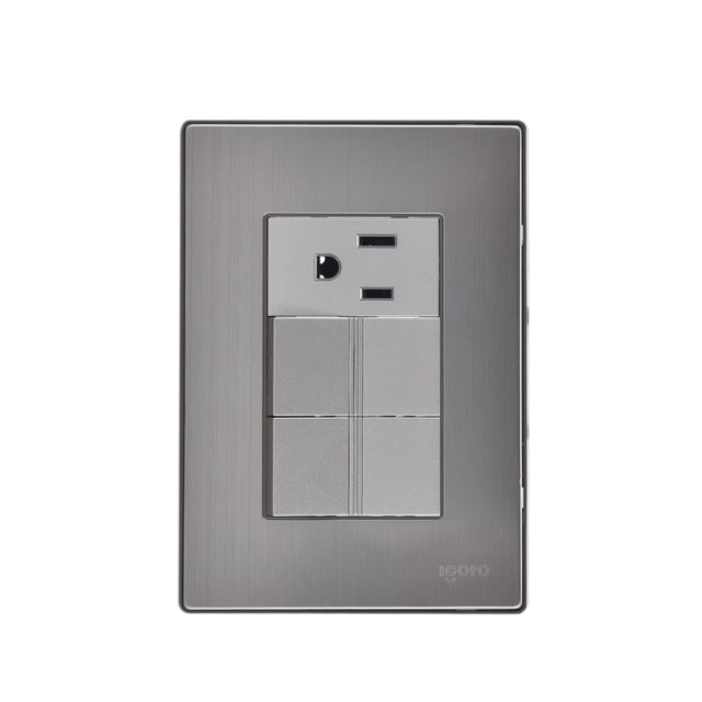 Placa armada con 2 apagadores sencillos y 1 contacto de 1 módulo, Color Plata INOX1009. iGoto Placa armada INOX