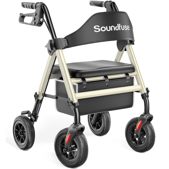 Andador con ruedas Soundfuse para personas mayores con asiento, plegable y ligero, con ruedas grandes de poliuretano de 20 cm, asiento ergonómico y doble ajuste de altura.