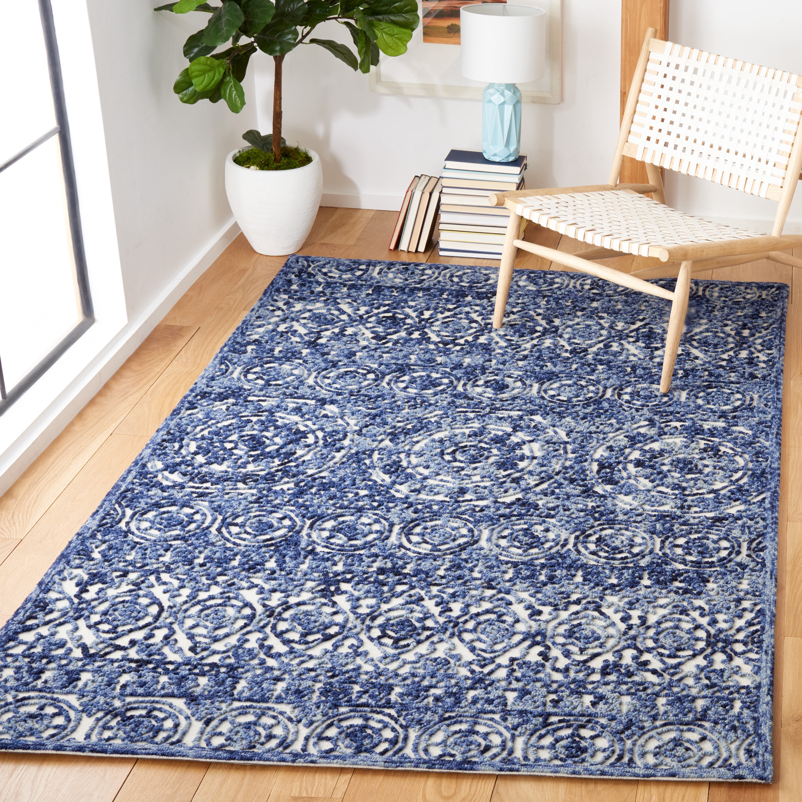 SAFAVIEH Trace Aditi Oriental Area Rug, Navy/Ivory, 6' x 6' Square