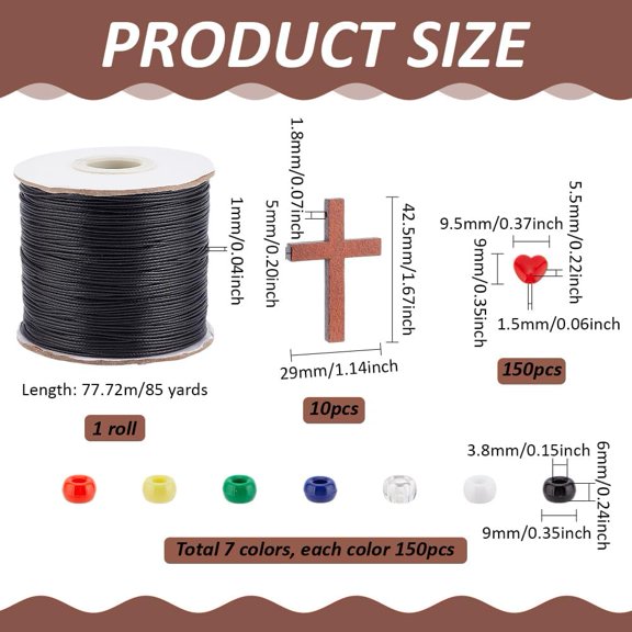 1210pcs Plan of Salvation Bracelet Making Kit Pony Beads 7 Colors Acrylic Beads Heart Beads with Cross Wood Charms Waxed Cord for Necklace Making Easter Bible Church Teaching Kits