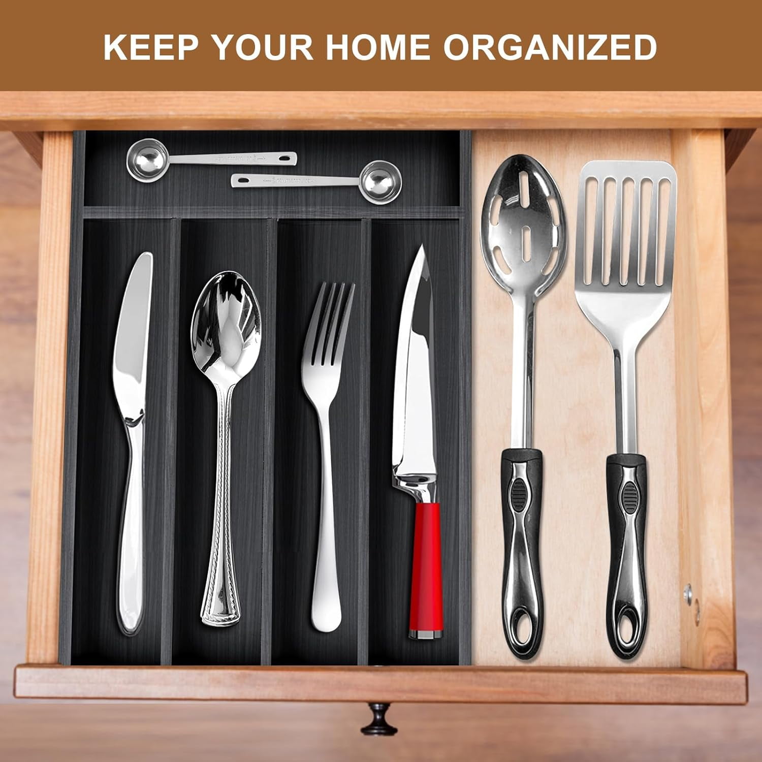 Small Cutlery Tray Narrow Wooden Silverware Organizer 12"x6.7" Spoon Kitchen Utensil Holder for Drawer Divider Bamboo Cutlery Drawer Organizers Storage Black Wood Silverware Tray Flatware Organizer