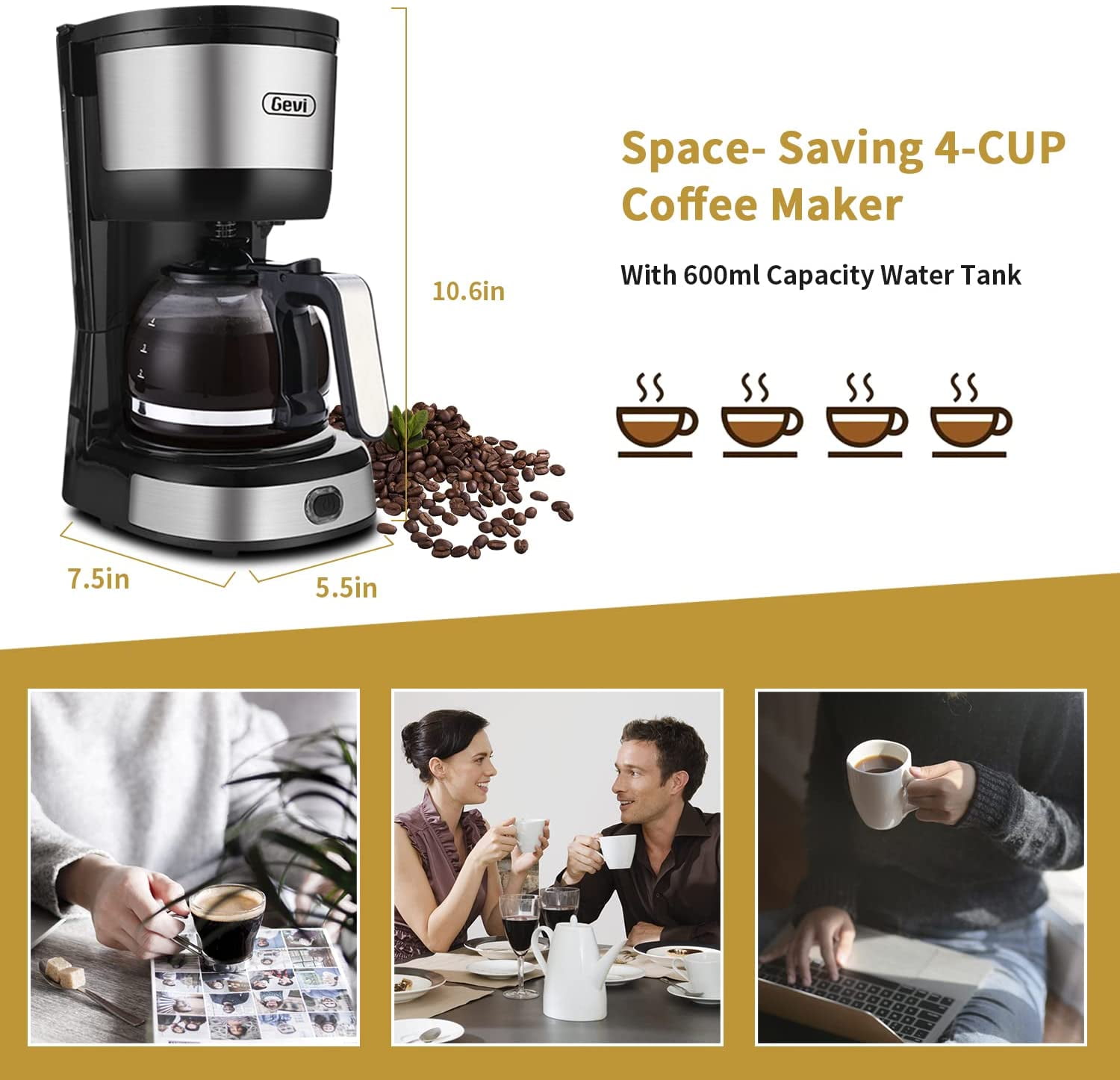4-Cup Coffee Maker with Auto-Shut Off, Small Drip Compact Coffee Pot Brewer  Machine with Cone Filter, Glass Carafe and Hot Plate