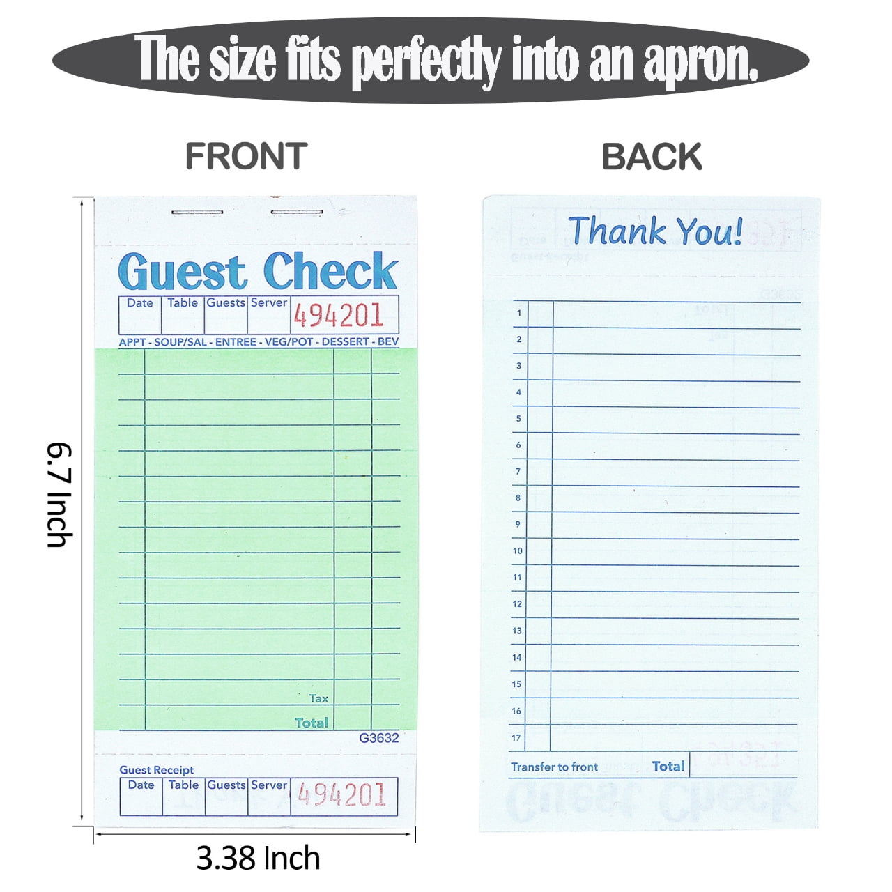 Guest Checks Server Note Pads 64 Pack 3200 Orders, Green Guest Check Pads with Bottom Receipt, Waitress Notepad for Restaurant Business