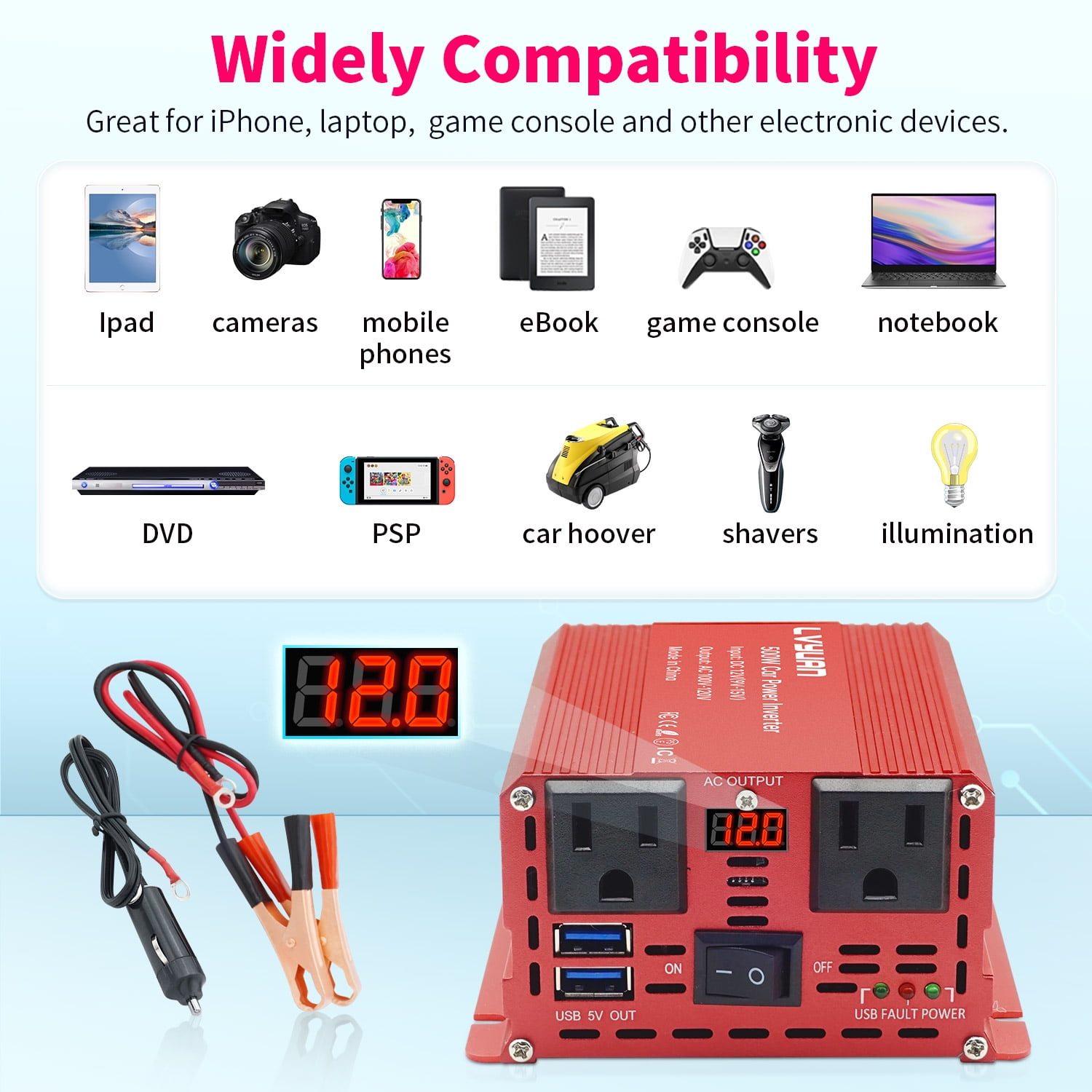 LVYUAN 500 Watts Power Inverter Converter Adapter Battery Charger DC to AC 12V to 110V 2AC 2USB LED Display for Car Red
