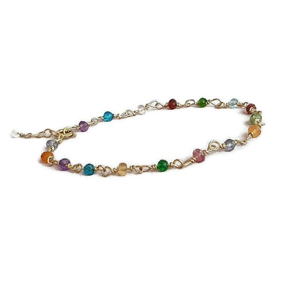 Multi Gemstone 2.5-3mm Rondelle Shape Faceted Cut Beads 7 inch Adjustable Silver Plated Clasp Bracelet for men, women, unisex. Link Chain Stacking Bracelet.|LINK_04834