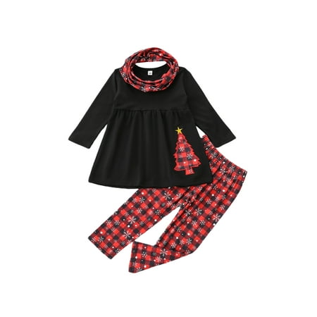 

ZIYIXIN Toddler Baby Girls Christmas Outfits Xmas Tree Long Sleeve Ruffle Tunic Top Dress+Leggings+Scarf 3PCS Set Black 3-4 Years