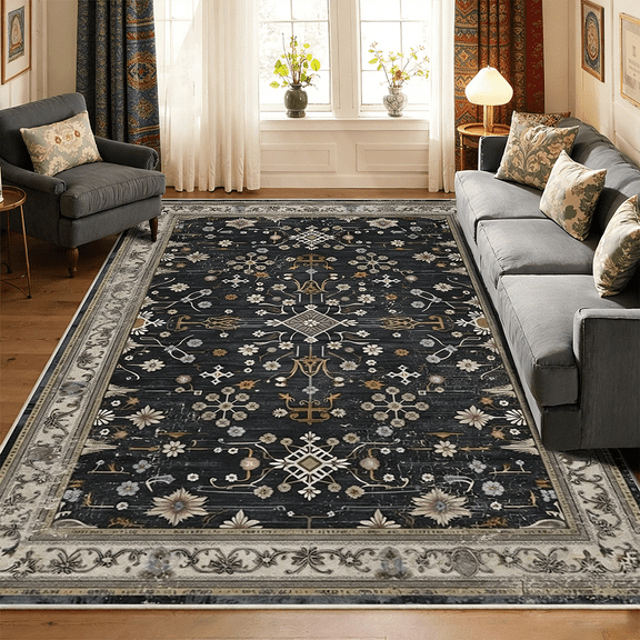 VALOMENE Black Area Rug 4' x 6' - Washable Boho Low Pile Non-Slip Stain Resistant Rug for Living Room, Bedroom, Dining Table, Office - Farmhouse Home Decor