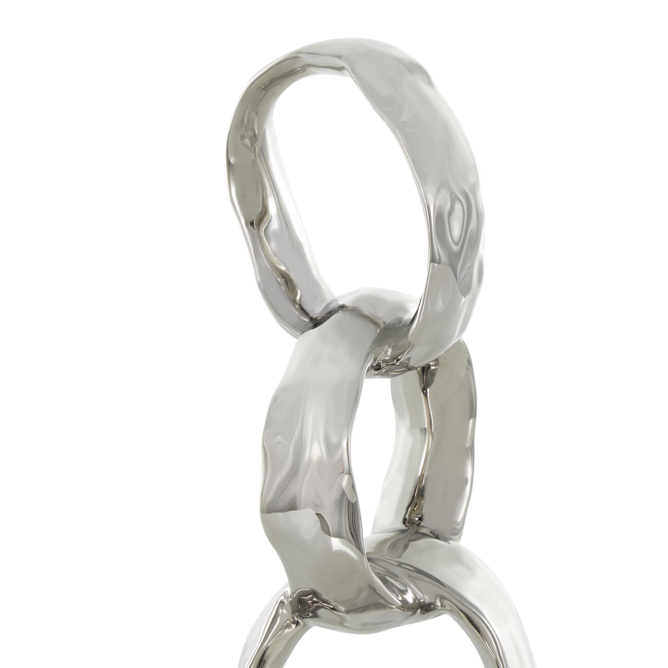 5" x 15" Silver Ceramic Interlocked Ring Abstract Sculpture with Black Base, by DecMode