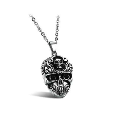 KATGI Fashion Black Ti Stainless Steel Double Skulls Face Pendant Necklace