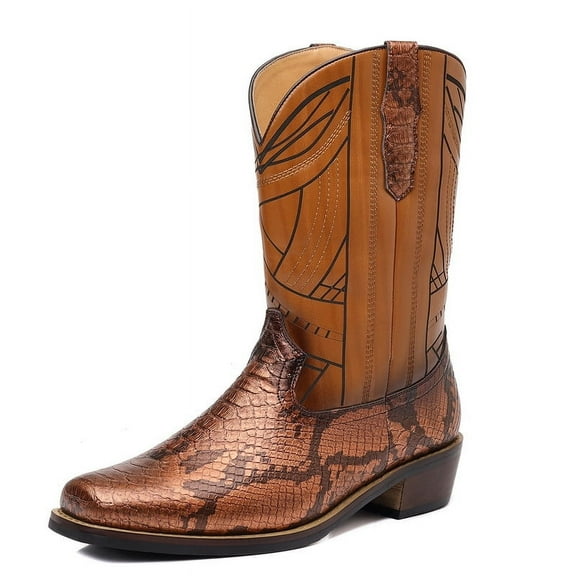 Snake Print Boots Men's Cowboy Boots Men's Retro Western Boots Men Cowboy Style Mid-Calf Western Cowboy Boots