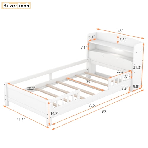 HICOMILA Twin Size Bed with Safety Guardrails and Storage Headboard, Wood Platform Bed Frame with Shelves and Built-in LED Light, White