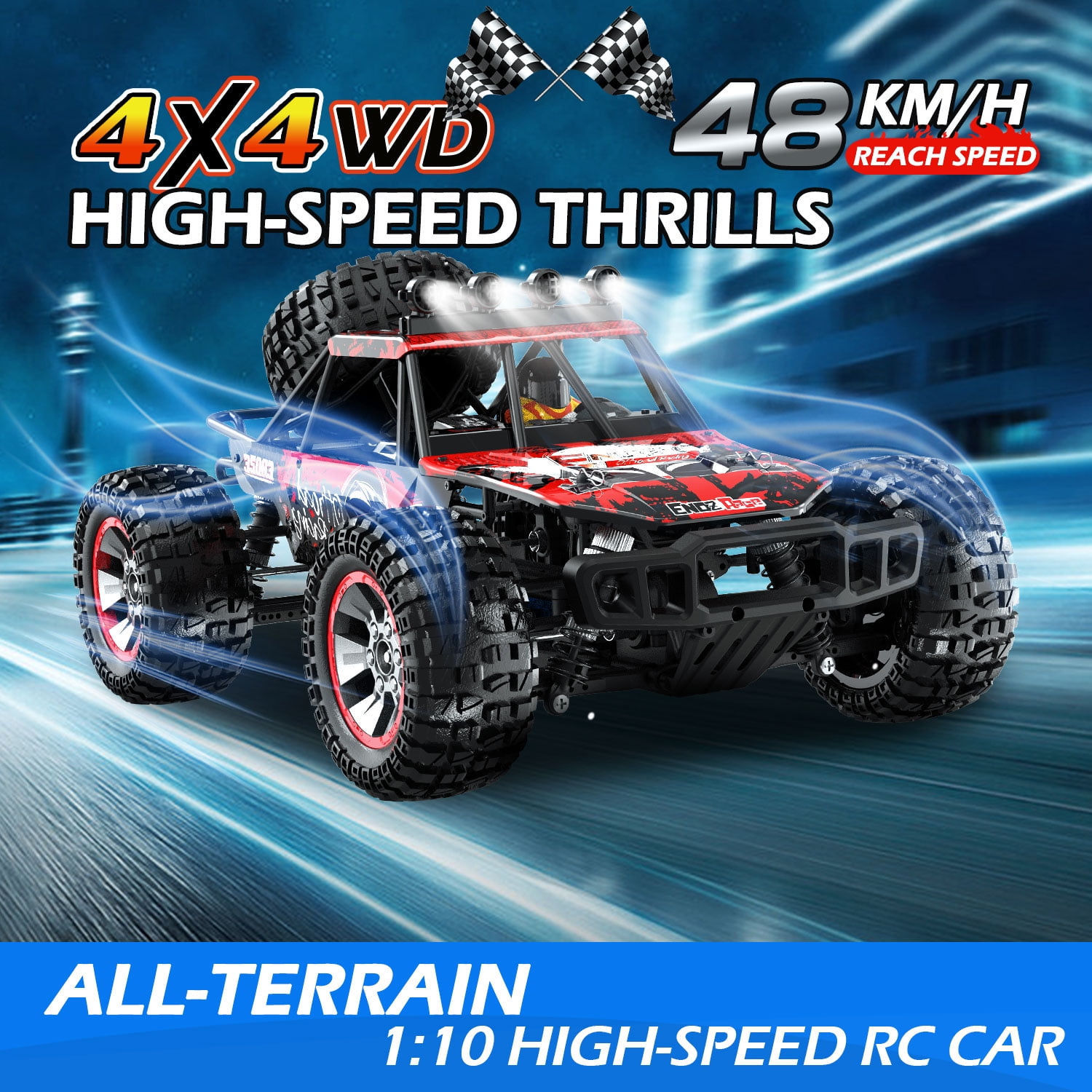JoyStone 1:10 Large RC Car 35+MPH Hobby Grade Fast RC Truck with Lights, 4WD All Terrain off Road Monster Truck Electric Vehicle with 2 Batteries for Adults Boys, Red