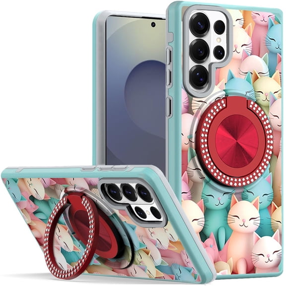For Samsung s26 Ultra Metal Diamond CD Pattern Design Matte Finished Hybrid with Rotational Ring [Car Mount Friendly] Case - Cats
