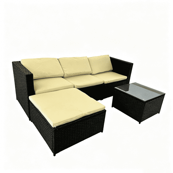5 Pieces Outdoor Wicker Patio Furniture Set, Rattan Conversation Sofa Set with Tea Table & Thick Cushions, All Weather Patio Seating for Garden Backyard Poolside Party, Black