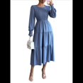 thumbnail image 2 of Vestido de Otoño para Invitada de Boda, con Mangas Largas, Volantes, Cuello Redondo, y Fluido. Azul L, 2 of 7