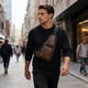 thumbnail image 5 of Bolsa bandolera – Bolsa bandolera para el pecho, diseño de hombro business casual de imitación cuero para viajes y trabajo, café café caqui negro, correa ajustable, 38 x 20 x 5 cm, 5 of 6
