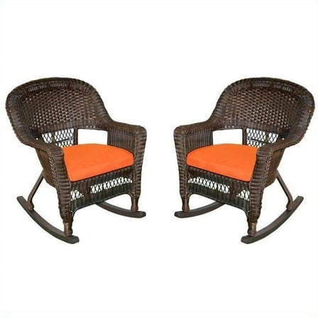 Jeco Rocker Wicker Chair in Espresso with Orange Cushion (Set of 2)