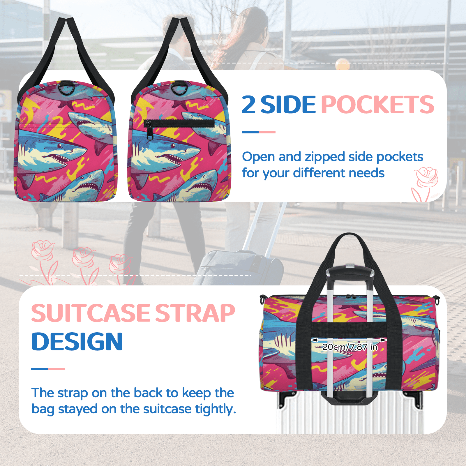Herdesigns Ocean Sharks Gym Bag for Women, Duffle Bag for Travel Sport, Ocean Animal Lightweight Waterproof Carry on Weekender Dance Yoga Workout Bags