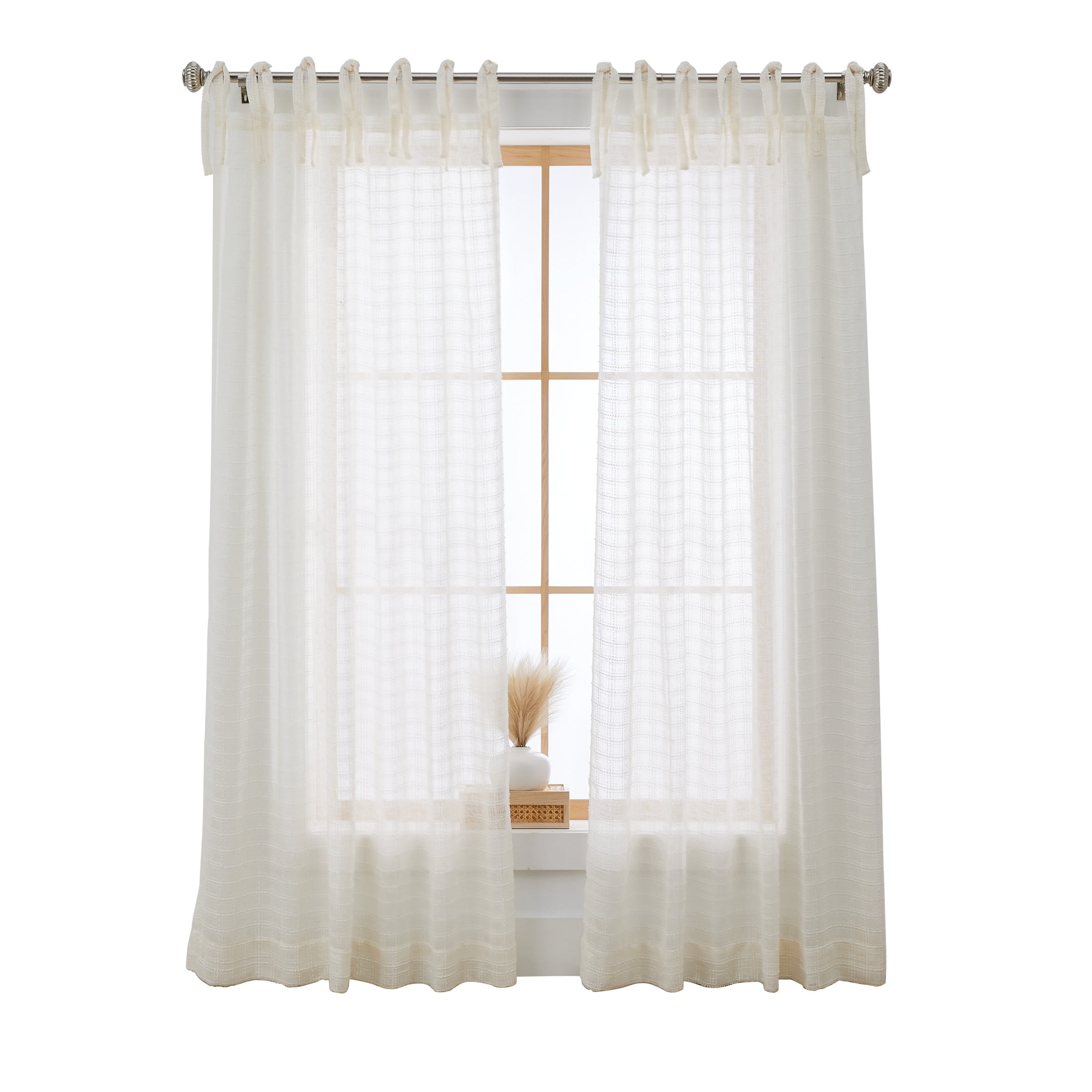 Better Homes & Gardens Sheer Tonal Windowpane Stitch Tie Top Single Curtain Panel, Vanilla Dream, 50 in W x 84 in L