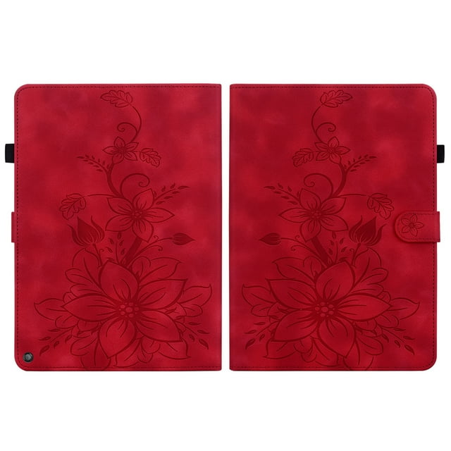 XYX Tablet Case for Kindle Fire HD 10 (11th Generation, 2021 Release), Lily Flower Pattern PU Leather Multiple Viewing Angles Stand Slim Folio Tablet Cover (Red)