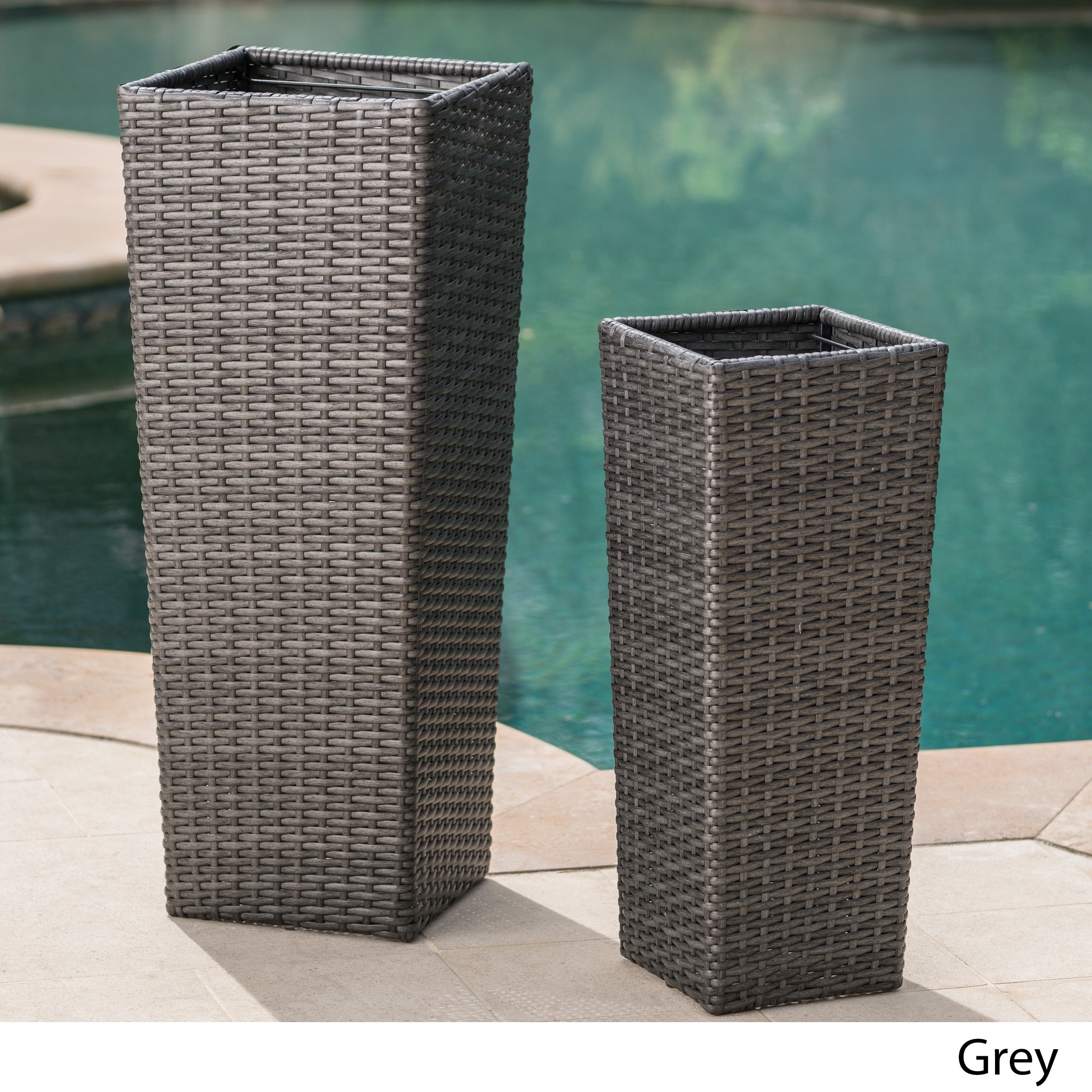Noble House Palmetto Outdoor Wicker Flower Pots, Grey