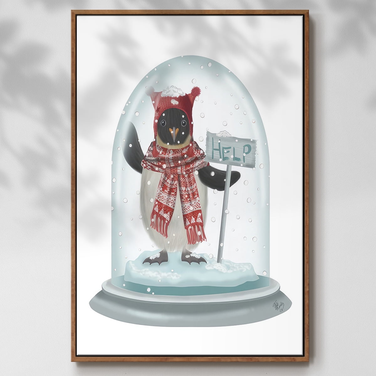 Christmas Penguin Snow Globe - Framed Gallery Wrapped Holiday Canvas - 27 x 41 - Rosewood Frame