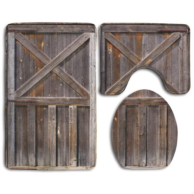ABPHQTO Puerta de granero de madera vieja granja de roble Juego de alfombras de baño de 3 piezas Alfombra de baño Alfombra de contorno y tapa de inodoro
