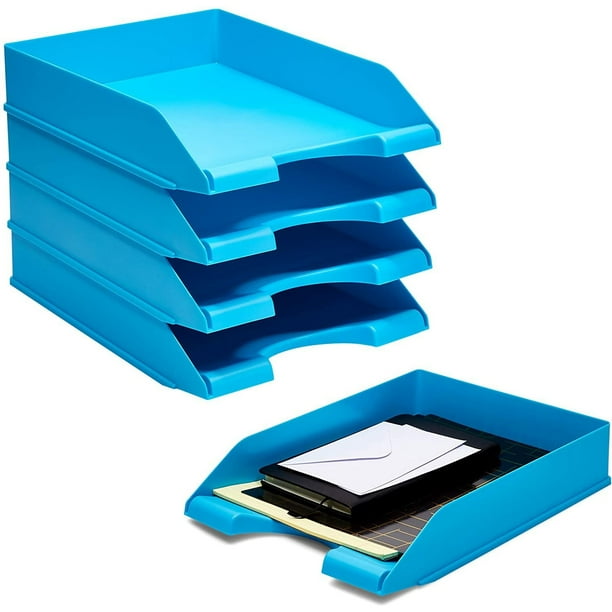 4 Pack Blue Stackable Paper Trays Letter, Plastic Desk Document