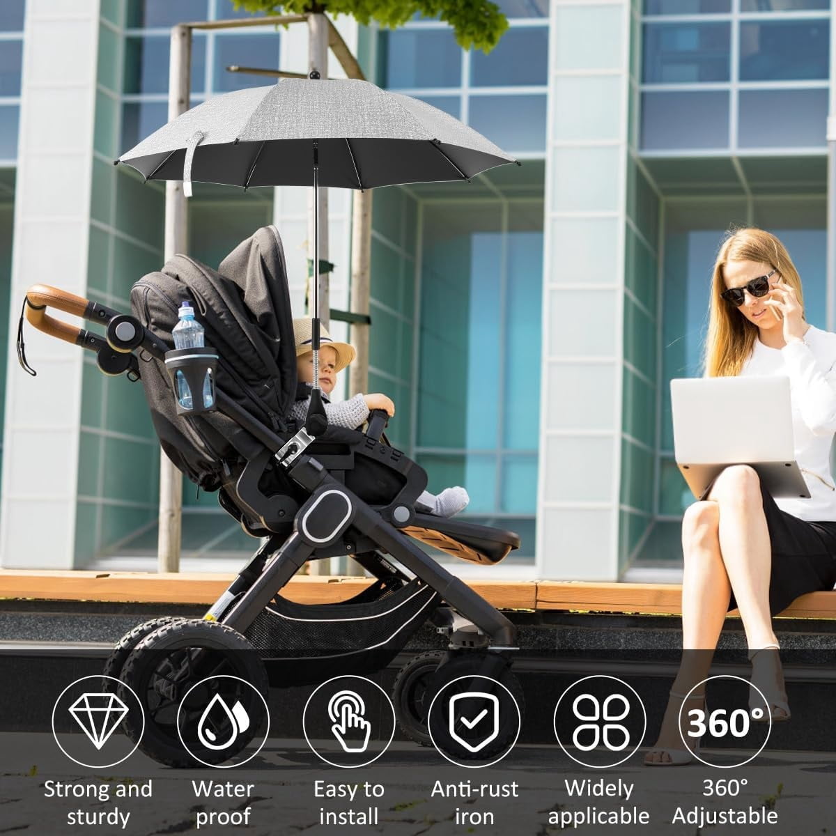 Sugagale Adjustable Sun Shade Umbrella with Clamp for Strollers, Beach Chairs, and Wheelchairs - Foldable Travel Umbrella for Toddlers