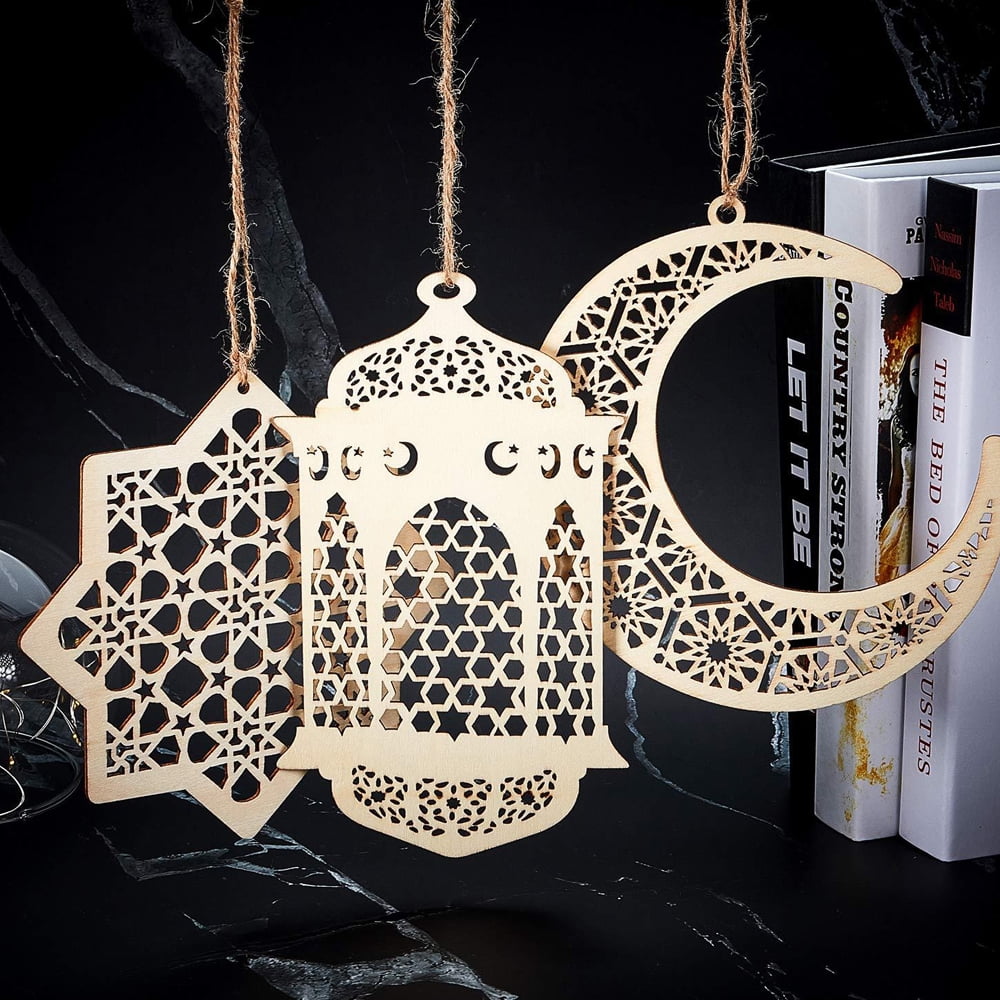 3Pcs Islam Eid Ramadan Mubarak Decor Wooden Golden Hanging Lantern Baubles Super 