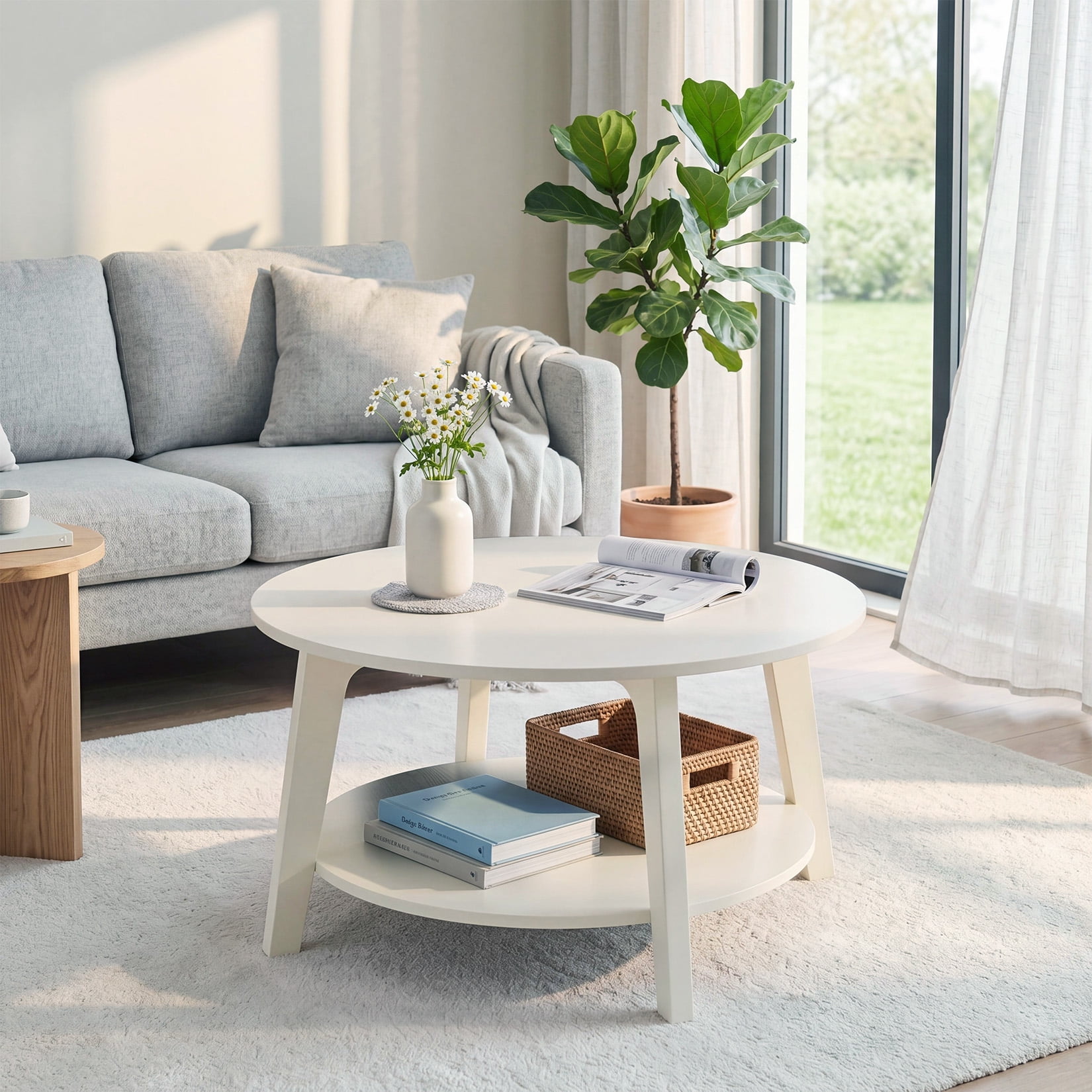 Boupower Modern 2-Tier Round Coffee Table with Storage 31.5 Living Room Center Table - Open Shelf - Curved Legs - Engineered Wood Accent Cocktail Table 31.5 x 17.7 in - White