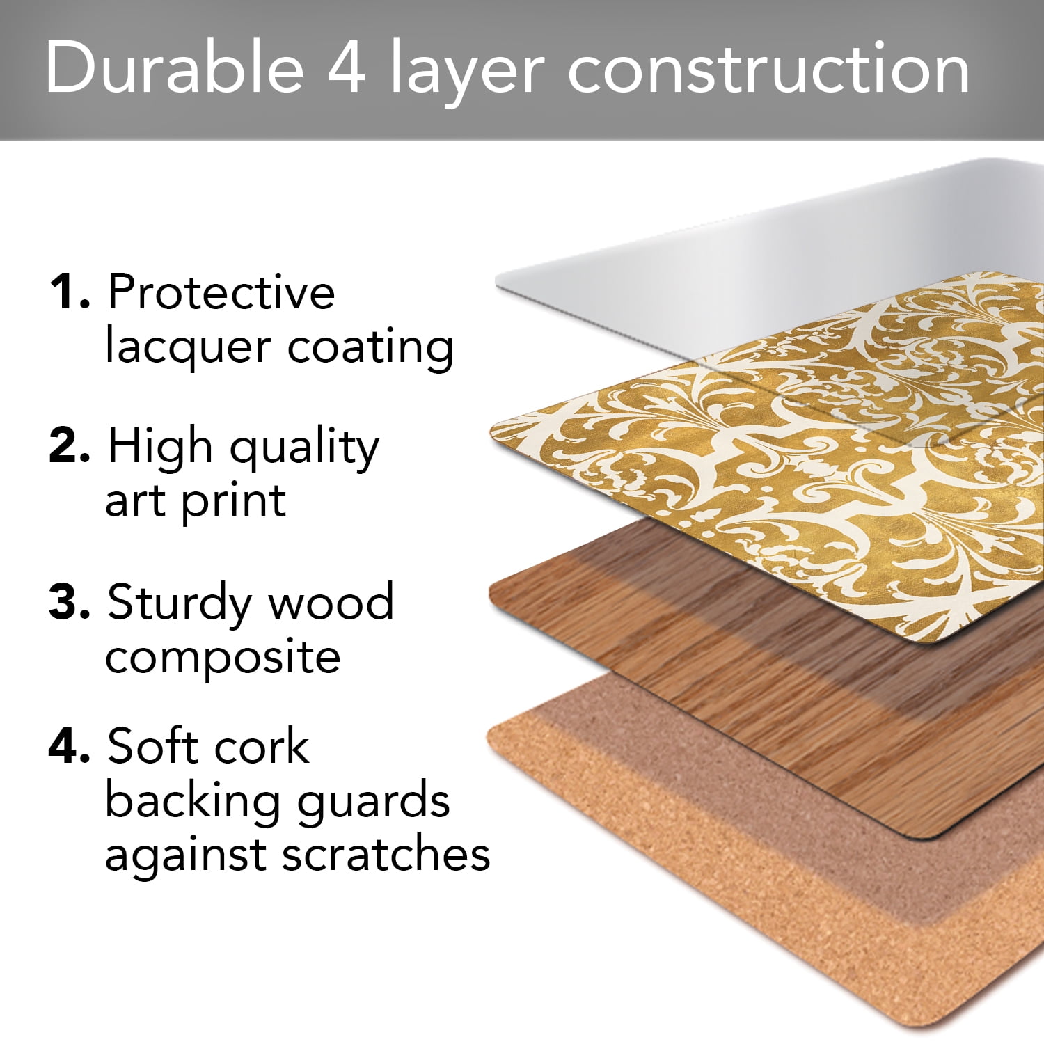 Cala Home "Gilded" Premium Decorative Hardboard Cork Back Tabletop Placemats 4 Pack
