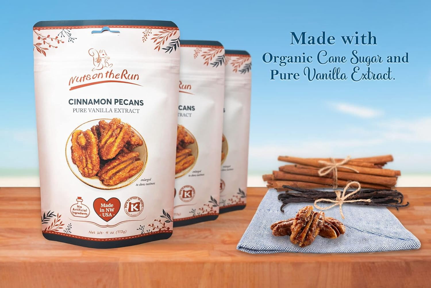Nuts on the Run Cinnamon Pecans - Vegan, Kosher, Gluten-free, GMO-free - 4oz (PACK OF 3 BAGS), Vegan Pecan Pralines, Satisfaction Guarantee