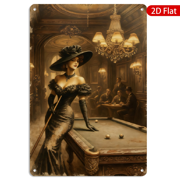 8x12 Inch Metal Wall Art, Victorian Woman in Elegant Gown Holding Billiard Cue Vintage Decor, Rectangular Metal Sign 1pc for Game Room Bar Man Cave Home Wall Decoration
