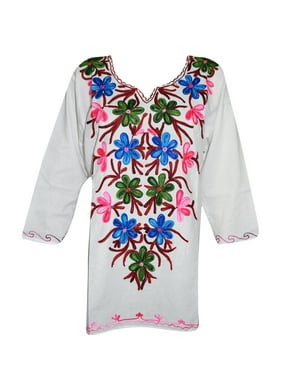 Mogul Women's Tunic Blouse Floral Embroidered Ethnic Indian Long Sleeves Kurti Shirt L