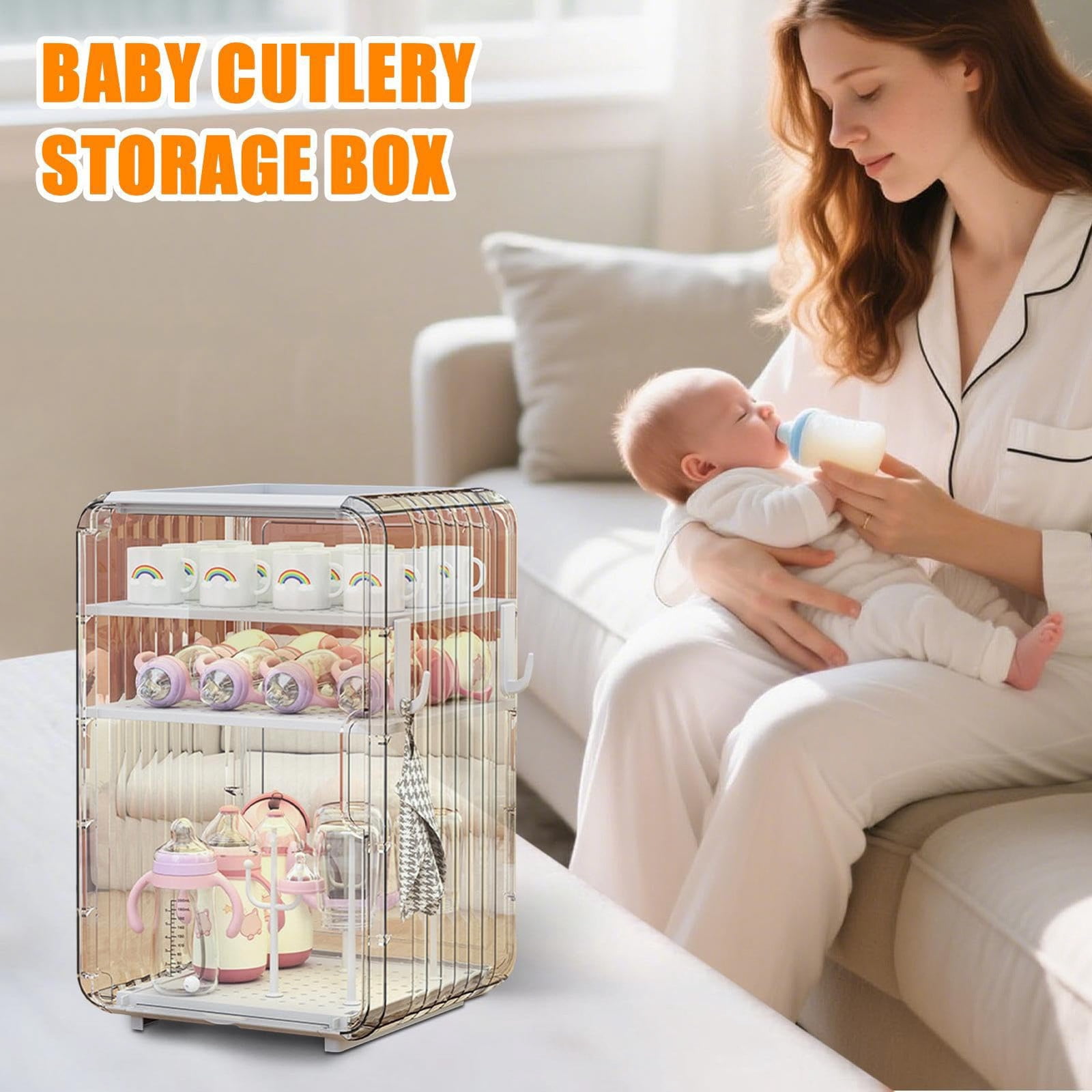 Junepar Dustproof Bottle Storage Rack - Stackable Clear Cup Organizer Box for Cabinet Desktop, Space-Saving Baby Bottle Drying Rack with Cover