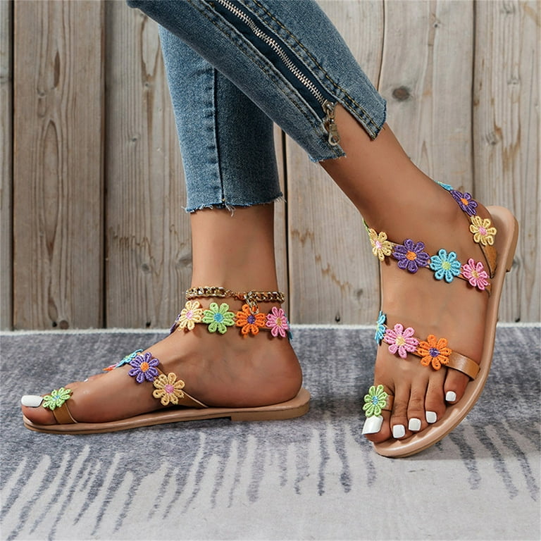 Mepaouo Womens Flower Flip Flops Toe Ring Non Slip Flats Summer