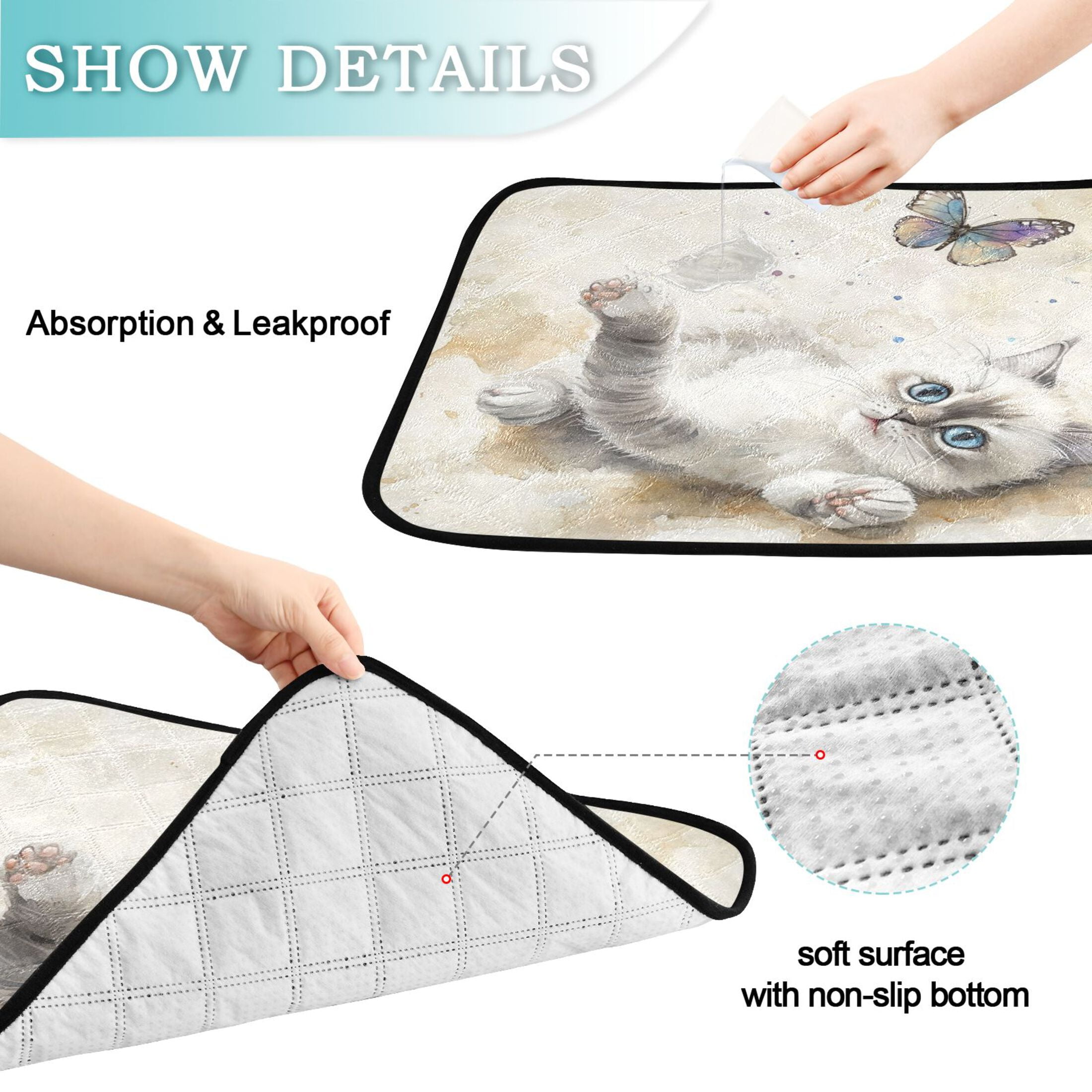 Qxltty Cat with Colorful Butterfly Cat litter Pads Pet Set of 3 Diaper Mats Center Anti-leakage Layer Absorbent Soft and Comfortable