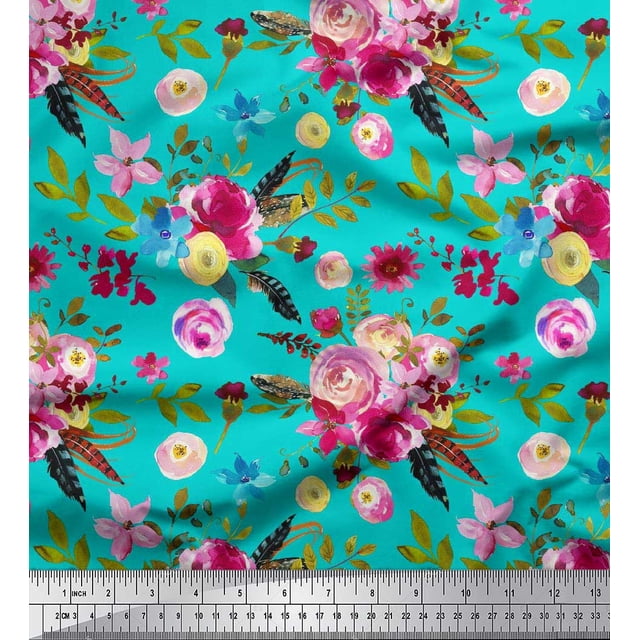 Soimoi Green Poly Georgette Fabric Feather,Leaves & Ranunculus Floral Printed Fabric 1 Yard 52 Inch Wide