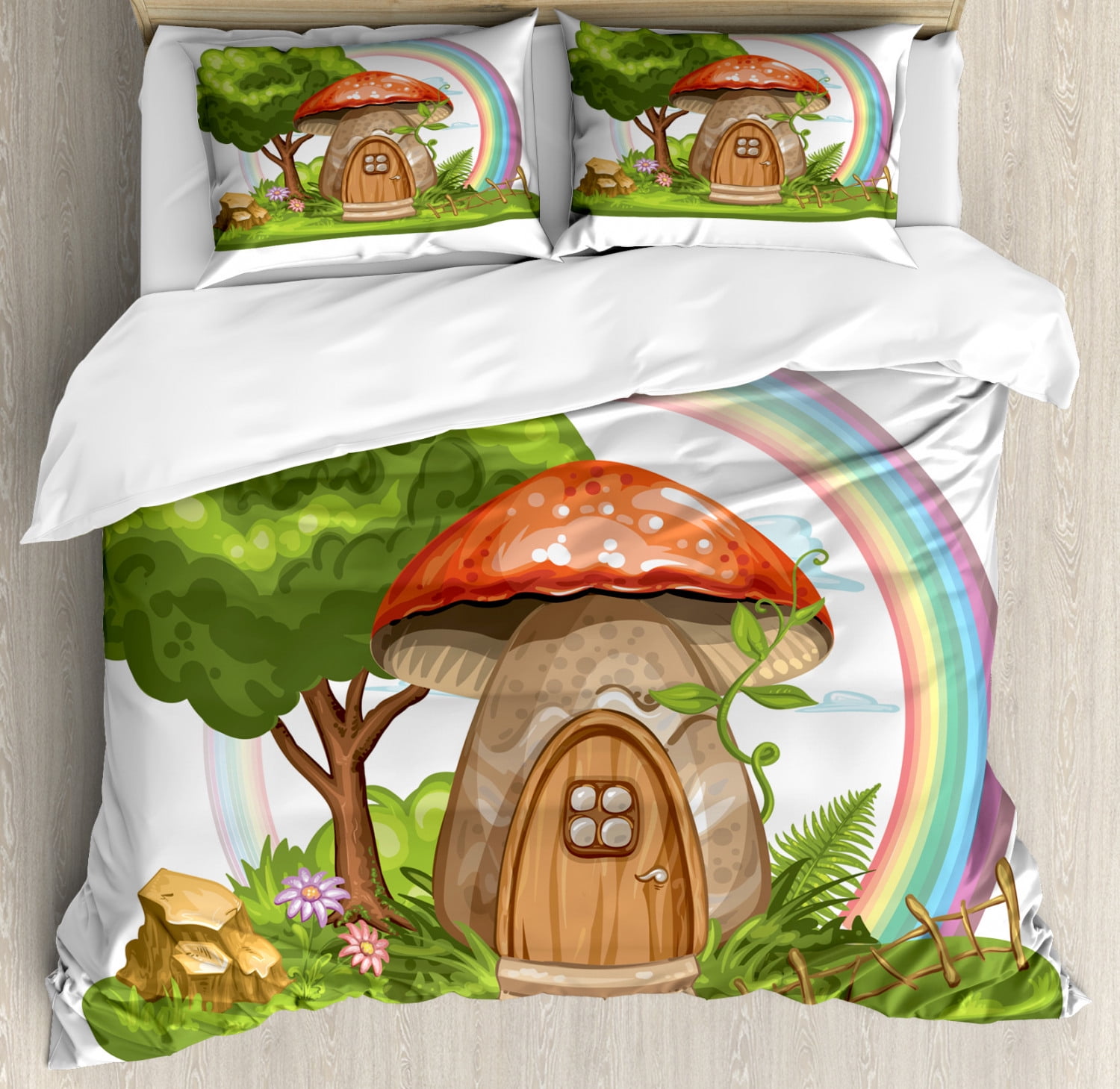 Fantasy Duvet Cover Set Queen Size, Magic World with Mushroom House in