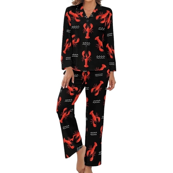Top-kevin Women's Pajama Sets Red Lobsters on Black Long Sleeve Lounge Sets Pjs Sleepwear with Pockets