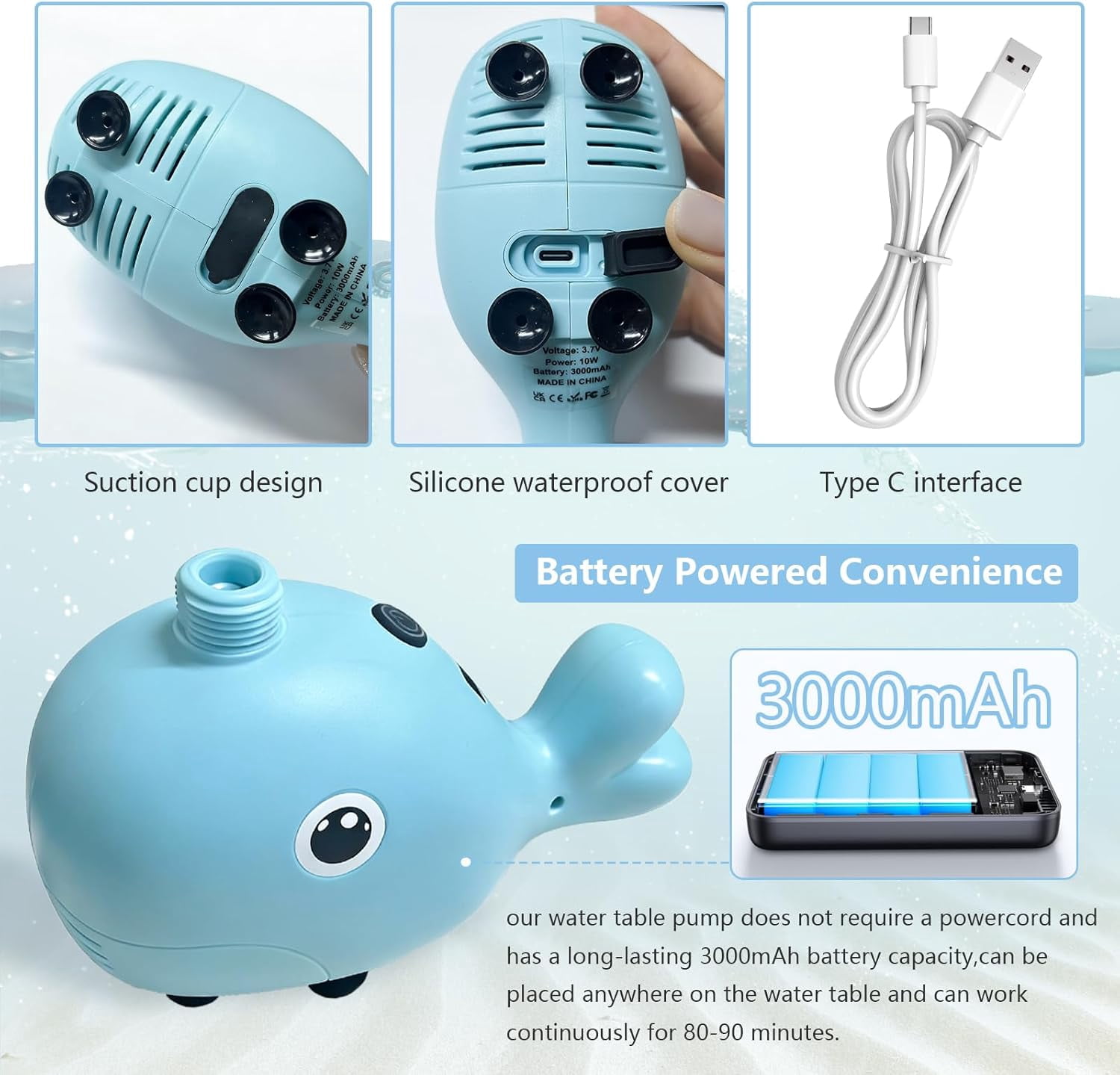 Rechargeable Water Table Pump(Huge Water Output),Kids Sand Water Play Pump,whale-shaped design, 3 Spray Modes, IPX7 Waterproof,Outdoor Toddler Activity Table Accessory