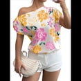 thumbnail image 2 of Blusa de Verano con Estampado Floral Fruncido y Hombros Descubiertos para Mujer. Color Naranja M, 2 of 10