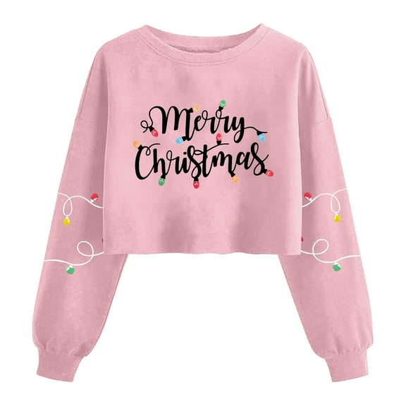 Womens Christmas Sweatshirts Xmas Tree Printed Crop Tops for Teen Girls Casual Crewneck Long Sleeve Pullovers (XL, Pink A)