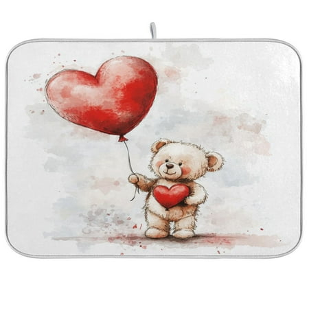 

WOBOGO Teddy Bear Holding A Balloon Kitchen Drying Mat Heat Resistant Drainage with Non-Slip Rubber Backing Hides Stains Super Absorbent Easy to Clean 16×18in