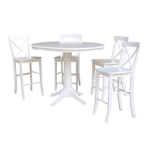 36" Round Counter Height Table with 12" Leaf and 4 X-back Stools – White - 5 Piece Set