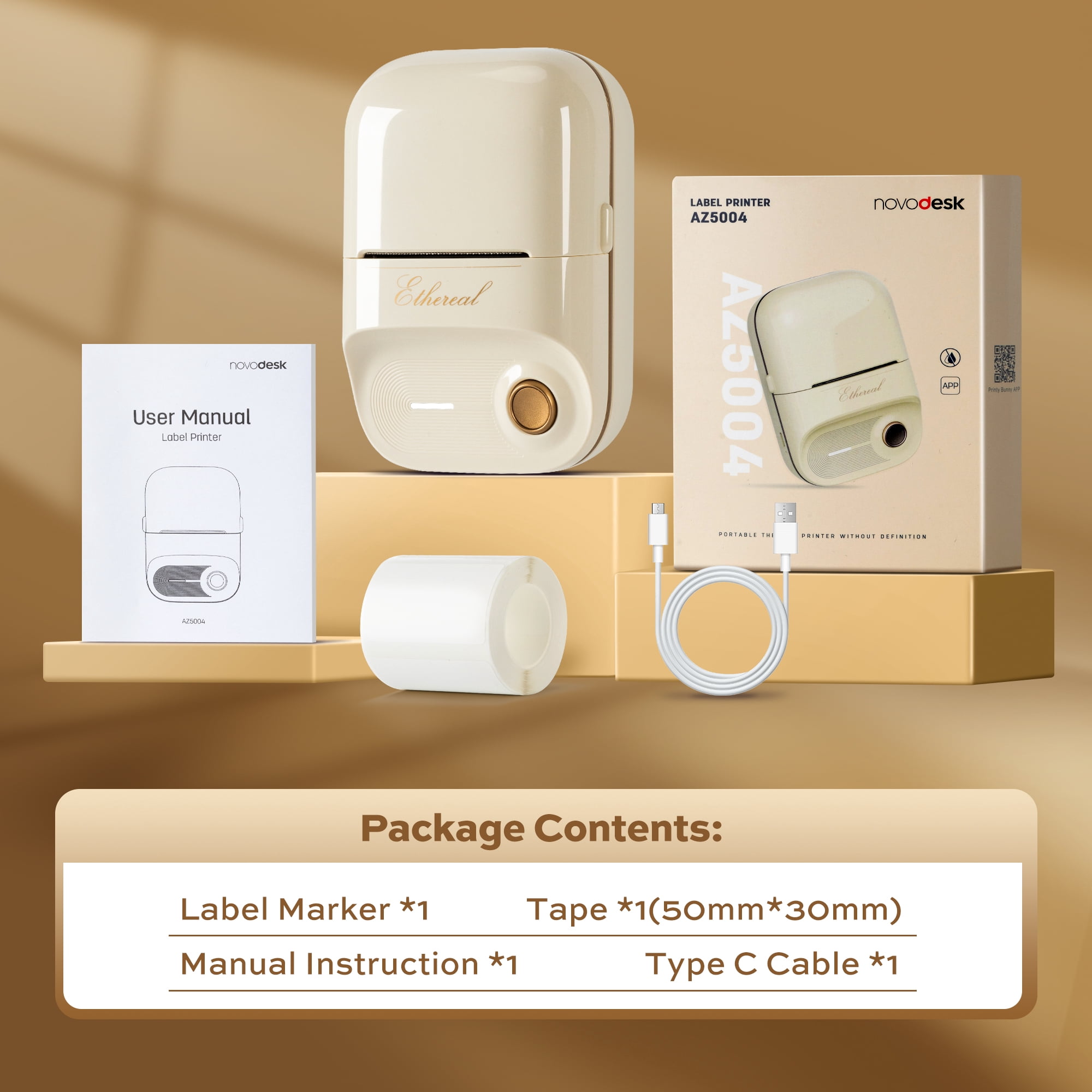 novodesk Label Maker, 2 inches Portable Bluetooth Waterproof Label Printer with Tape, Label Printer Machine for Small Business,Address, Logo, Retail (Milky White)